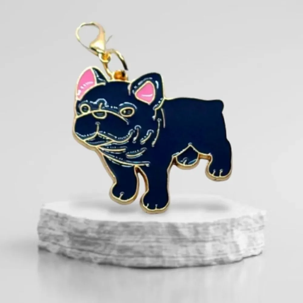 French Bulldog Bag Charm Keychain Black Gold Dog Mom Frenchie Purse Clip